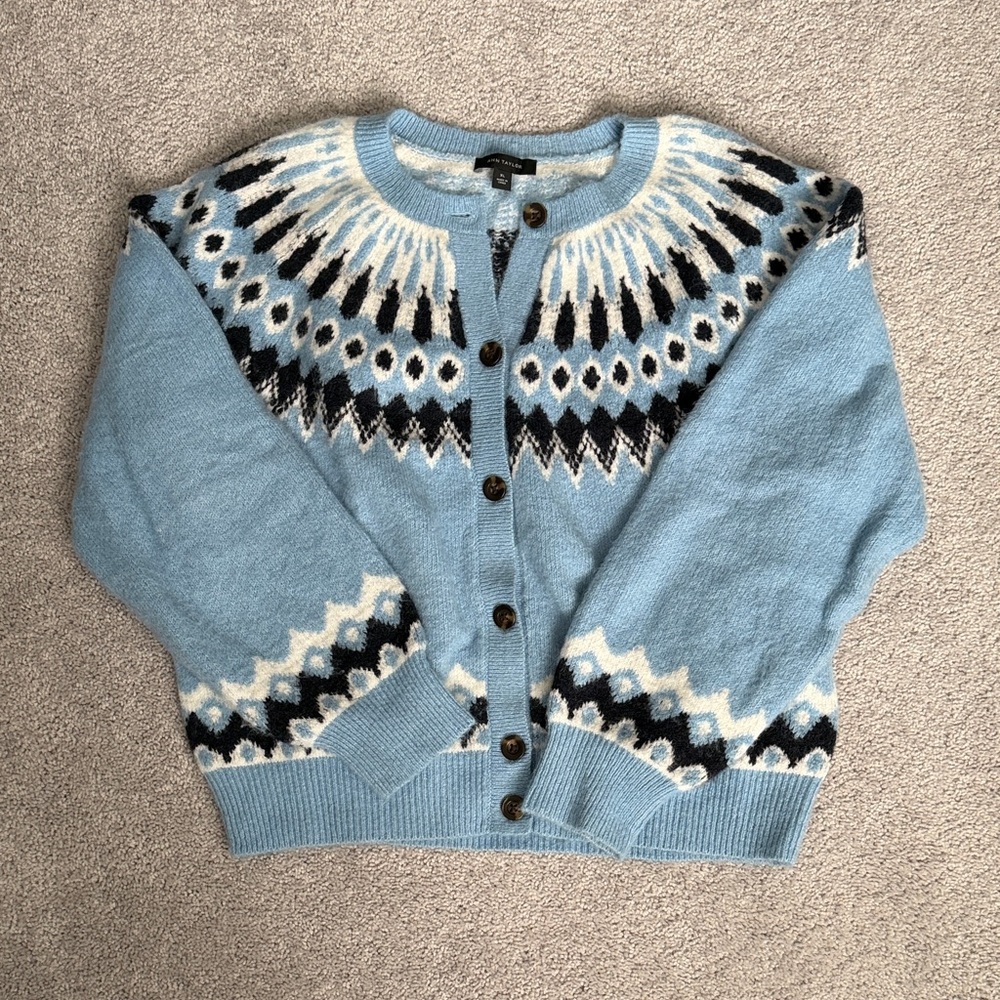 Ann Taylor Blue and Black Patterned Cardigan